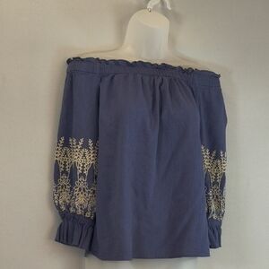 INC Blue Balloon-Sleeve Off-Shoulder Metallic Emiroidered Blouse - Size -S